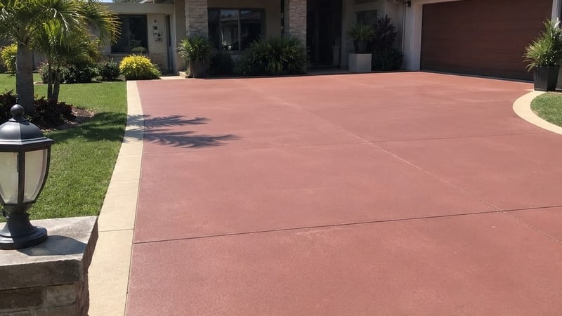 Terracotta-toned coloured concrete driveway at a Mandurah home, colour run through the mix