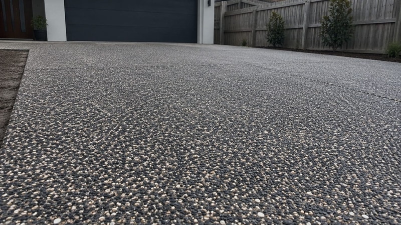 Charcoal and tan exposed aggregate driveway at a Mandurah home