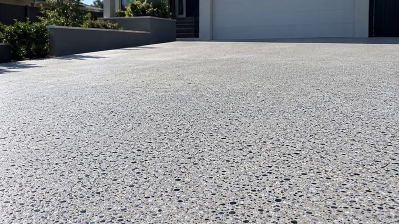 Honed concrete driveway ground back to a flat matte finish at a Mandurah home