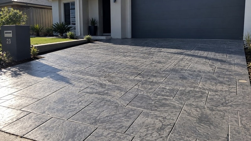 Charcoal slate-pattern stencilled concrete driveway at a Mandurah home