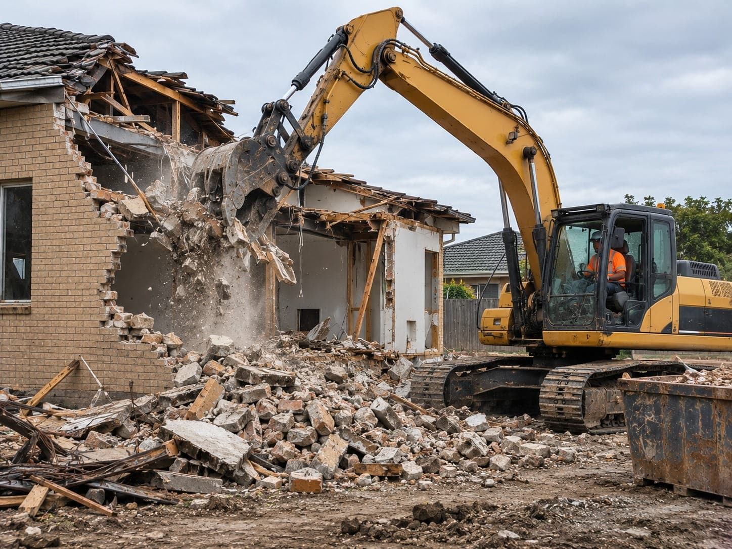 Excavator with a demolition grab pulling down a brick wall