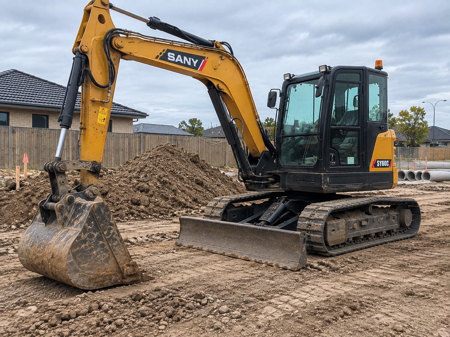 Tracked excavator parked with its blade down on a levelled site