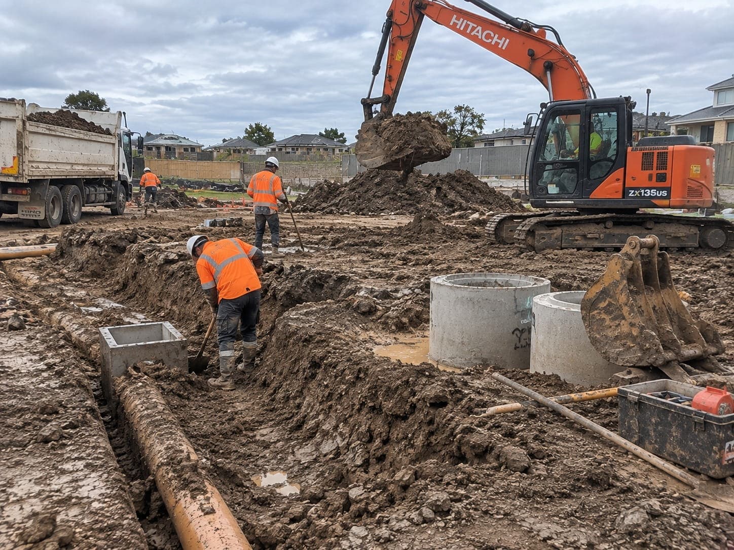 Crew digging around stormwater pits on a wet civil site