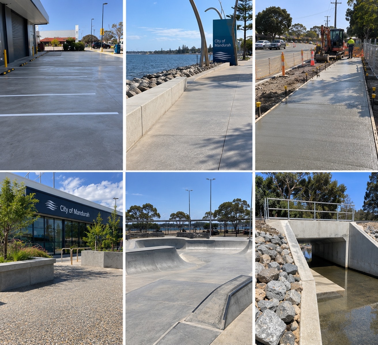 Six examples of commercial and council concrete work around Mandurah: a commercial carpark, the foreshore promenade beside the estuary, a footpath under construction behind traffic barriers, the City of Mandurah building forecourt, a skate park bowl, and a box culvert