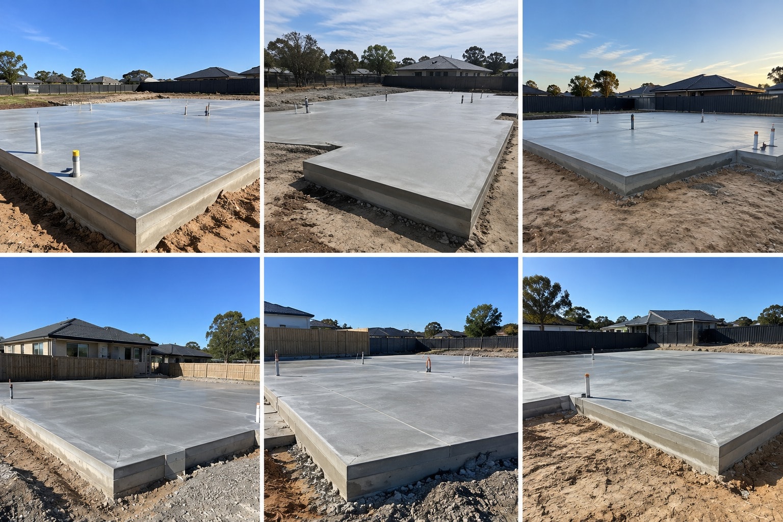 Six finished concrete slabs on Mandurah building sites, edges formed and service risers in place, ready for structures to go up