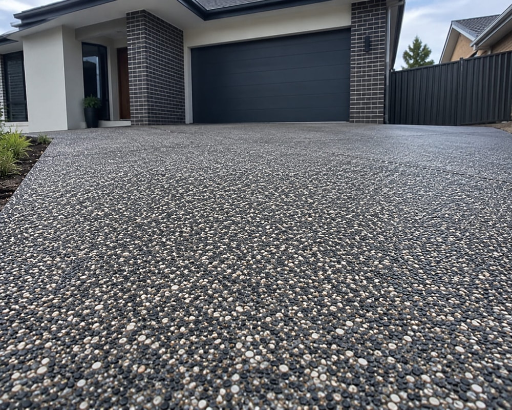 Close view of a charcoal and tan pebble blend in a finished exposed aggregate surface