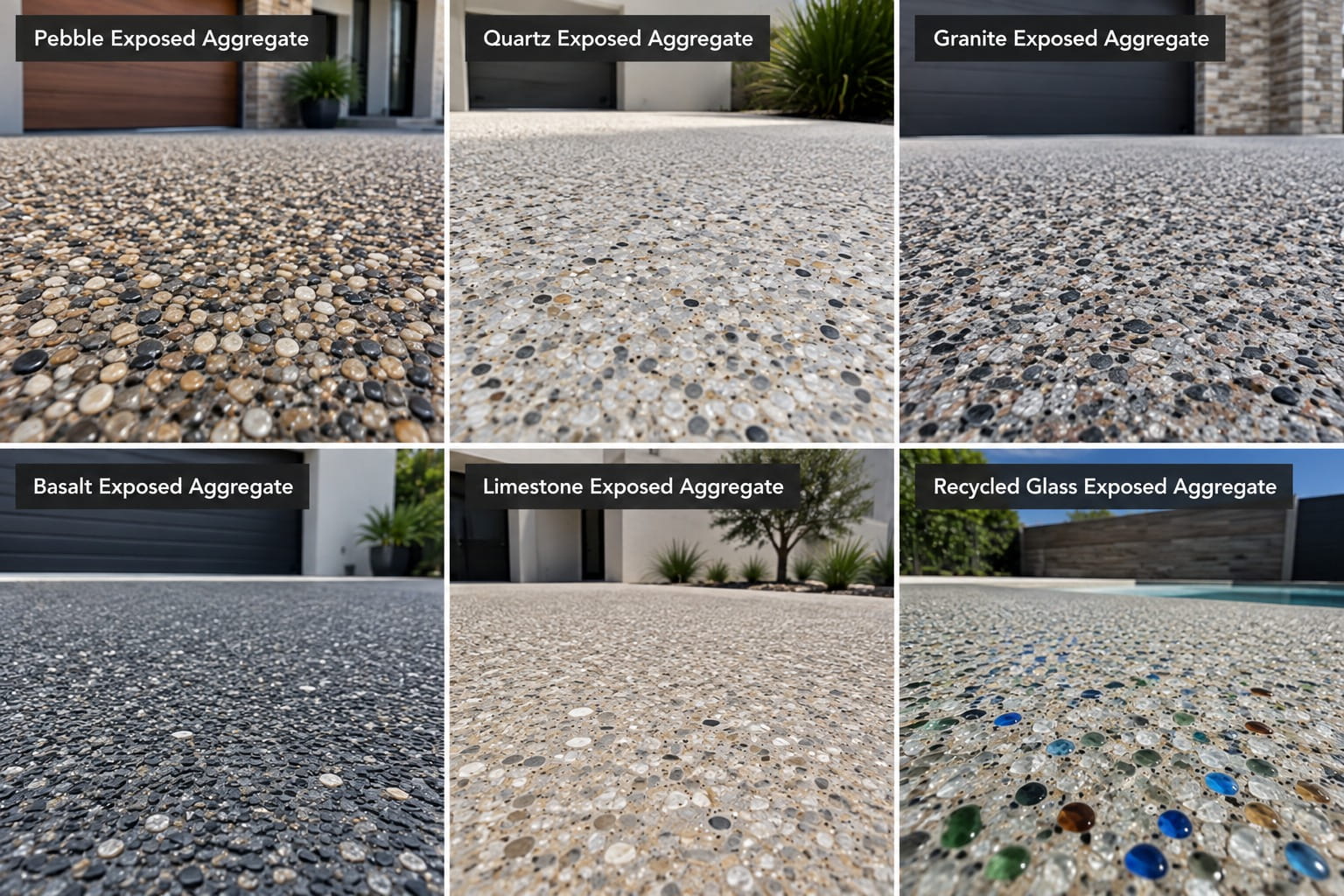 Six exposed aggregate finishes side by side — pebble, quartz, granite, basalt, limestone and recycled glass — each labelled and shown as a driveway surface