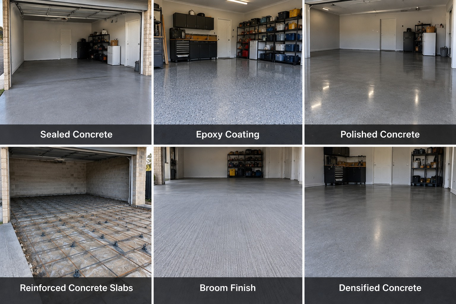 Six hard-wearing garage floor finishes side by side, each labelled: sealed concrete, epoxy coating, polished concrete, reinforced concrete slabs with steel mesh in place before the pour, broom finish, and densified concrete