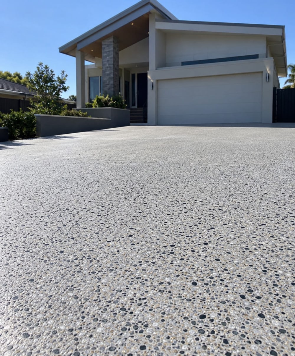 Honed concrete driveway ground flat to a matte finish at a Mandurah home