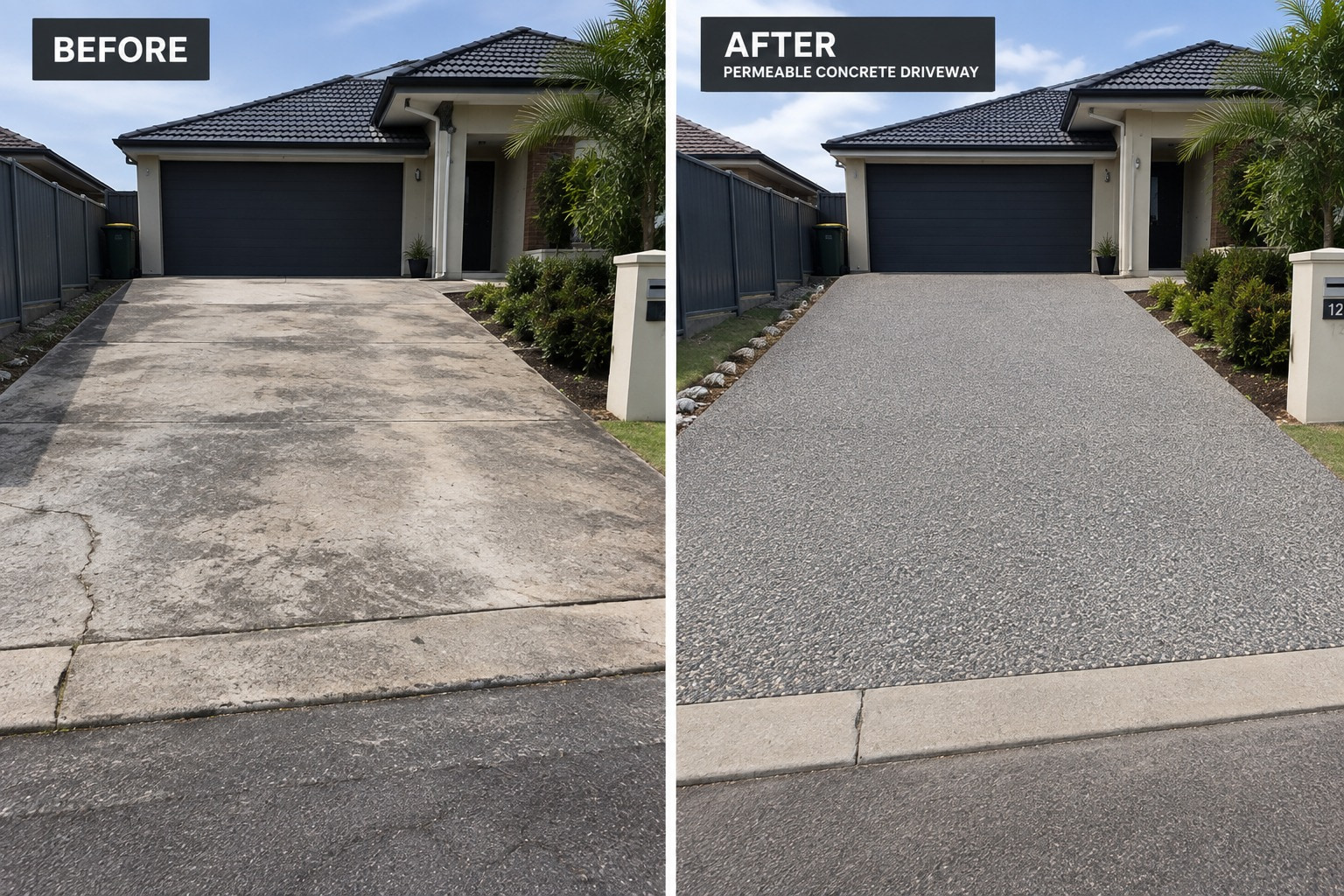 Before and after of a Mandurah driveway replaced with permeable concrete, the stained and cracked original slab on the left and the open-graded permeable surface on the right