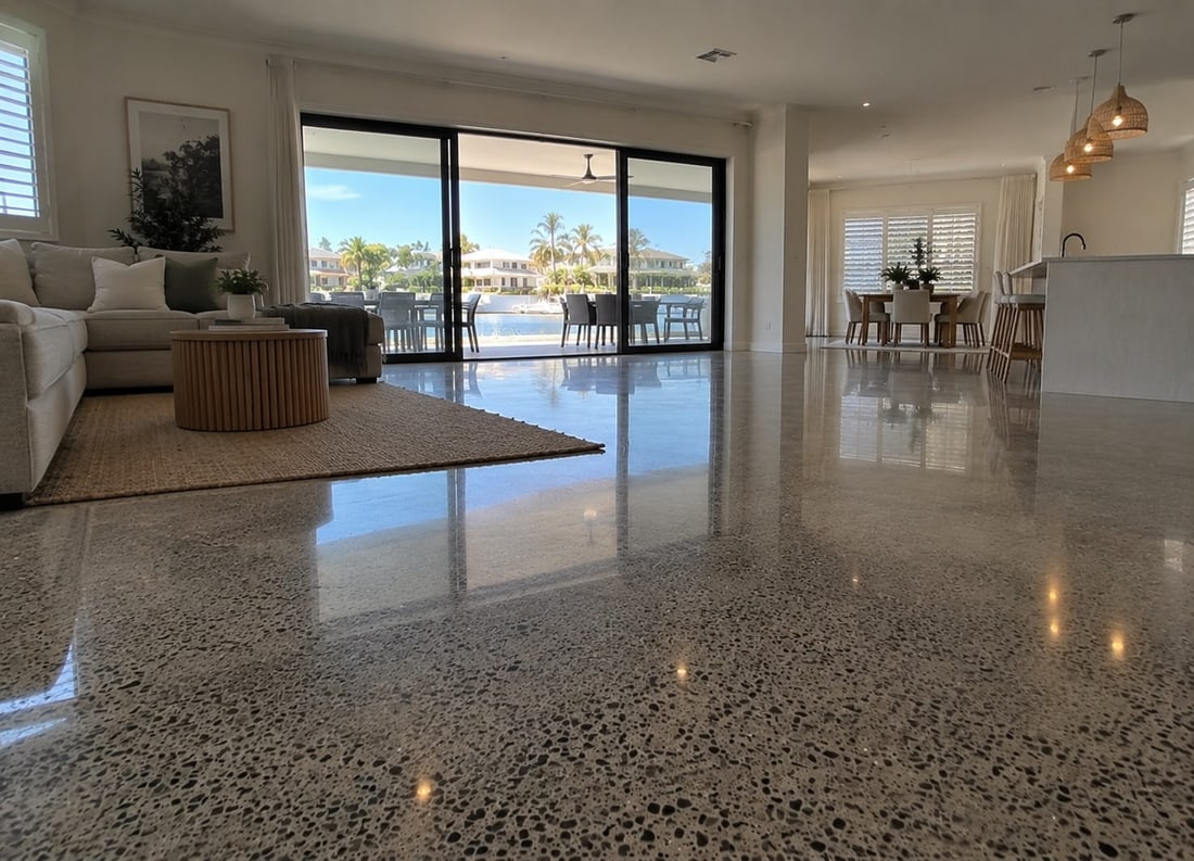 Polished concrete floor in a Mandurah canal home, reflecting light from the waterside glazing