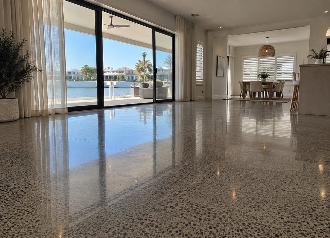 Polished concrete floor running out to an alfresco area at a Mandurah home