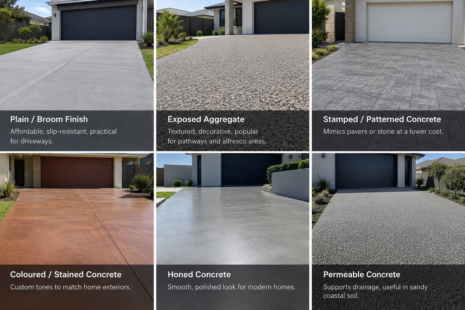 Six Mandurah driveway finishes side by side, each labelled: plain or broom finish, exposed aggregate, stamped or patterned concrete, coloured or stained concrete, honed concrete, and permeable concrete