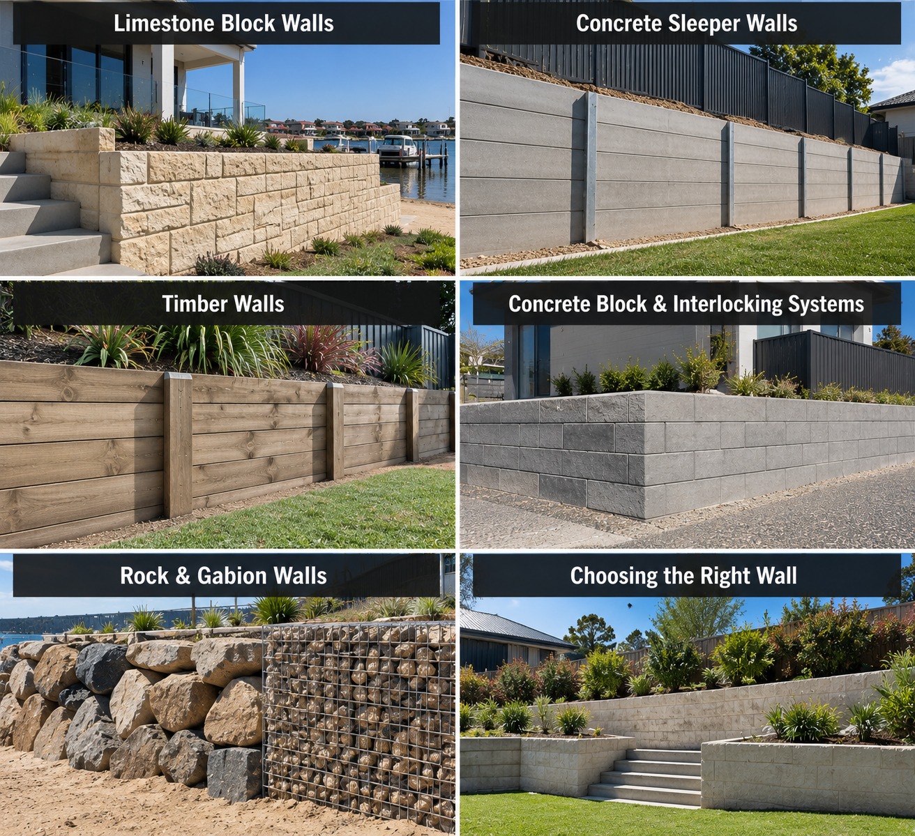 Six retaining wall types side by side, each labelled: limestone block walls on a canal property, concrete sleeper walls between steel posts, timber walls, concrete block and interlocking systems, rock and gabion walls, and a finished limestone wall with steps