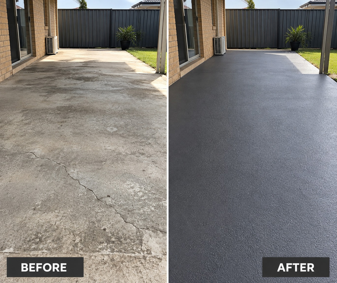 Before and after of a Mandurah patio resurfaced with spray-on concrete, the cracked grey slab on the left and the finished charcoal surface on the right