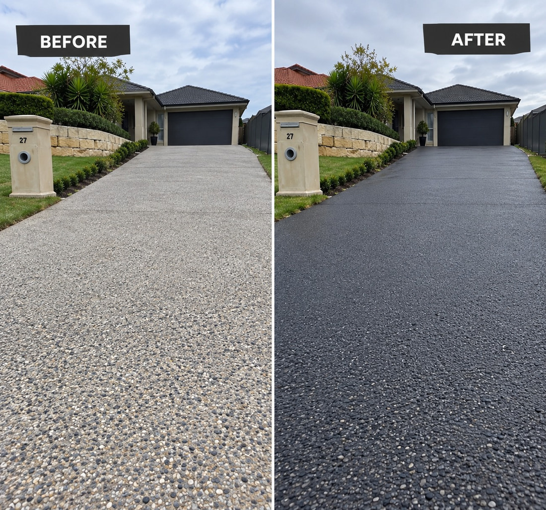Before and after of a Mandurah driveway resurfaced with spray-on paving, the worn pale surface on the left and the finished charcoal surface on the right