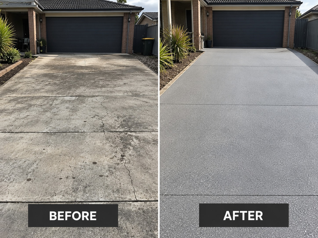 Before and after of a worn Mandurah driveway, the stained and cracked surface on the left and the restored finish on the right